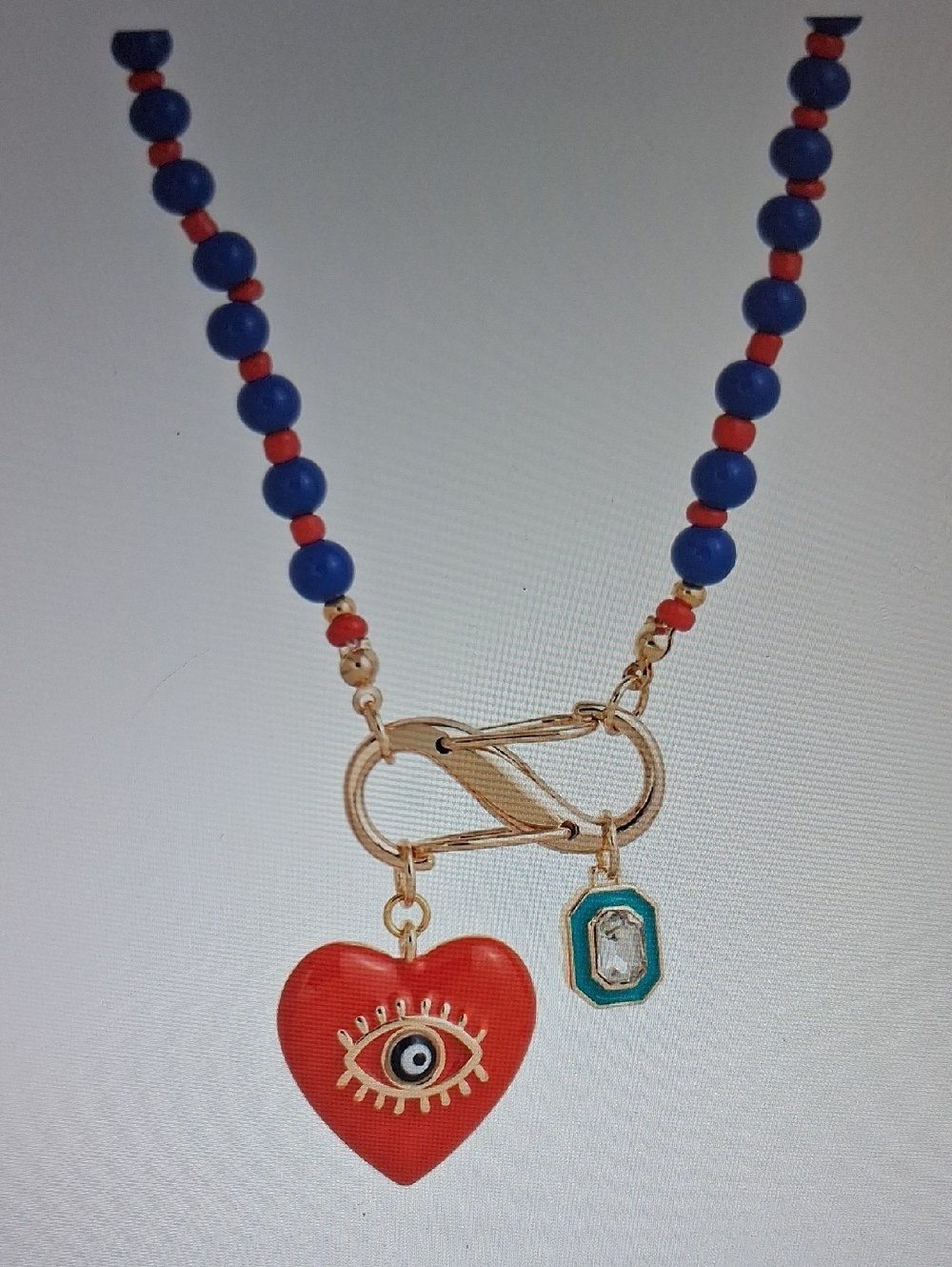 Mayamar Custom Carabiner Necklace With Red Heart And Blue Pendant Gold Hardware.